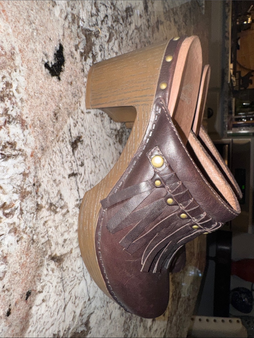 Dansko Brown Leather Fringe Clogs